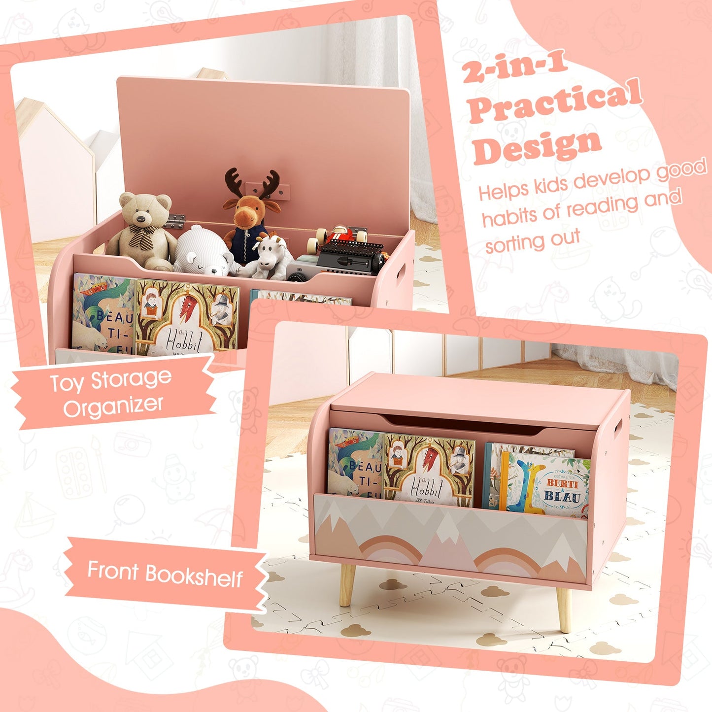 Kids Wooden Toy Box with Front Bookshelf and 4 Solid Wood Legs for Playroom