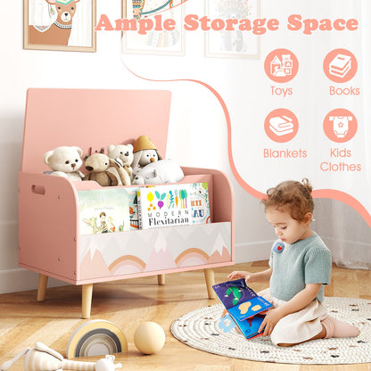 Kids Wooden Toy Box with Front Bookshelf and 4 Solid Wood Legs for Playroom
