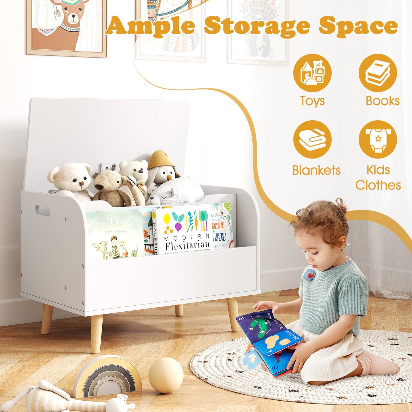 Kids Wooden Toy Box with Front Bookshelf and 4 Solid Wood Legs for Playroom