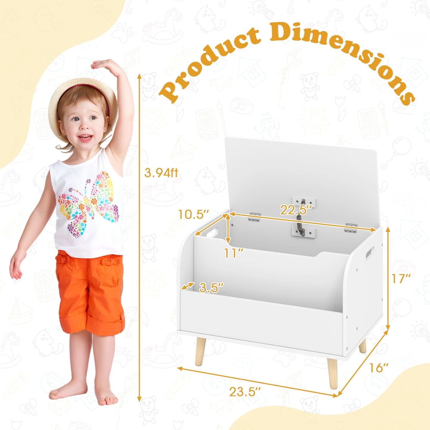 Kids Wooden Toy Box with Front Bookshelf and 4 Solid Wood Legs for Playroom