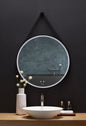 Sangle Round LED Mirror Black Framed Lighted Bathroom Vanity Mirror and Vegan Leather Strap
