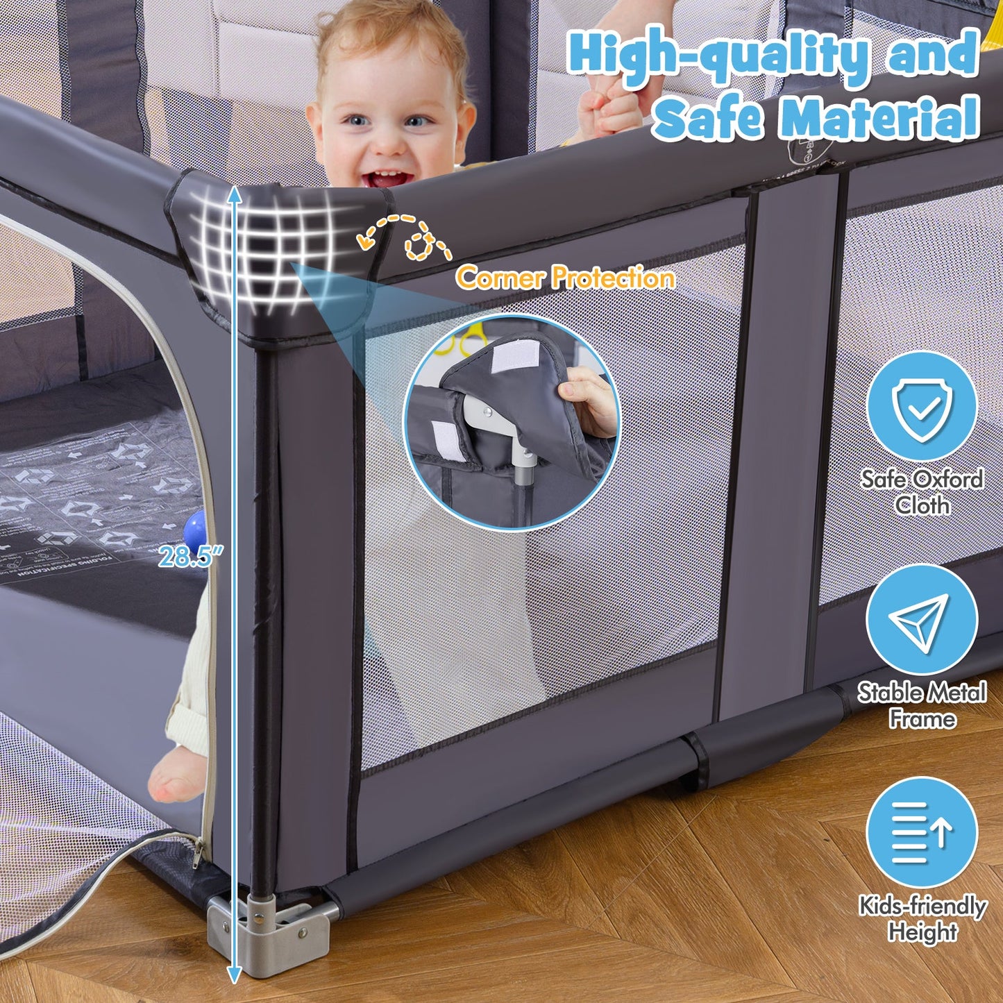 Large Baby Playpen BPA-Free Foldable Toddlers Safety Fence Play Yard-Dark Grey