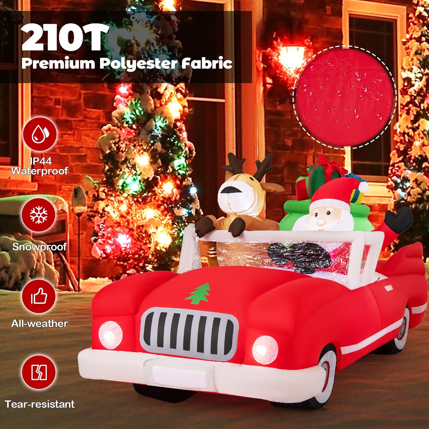 7.7 Feet Long Christmas Inflatable Santa Claus and Reindeer Riding Red Car with Gift Bag and 9 LED White Lights