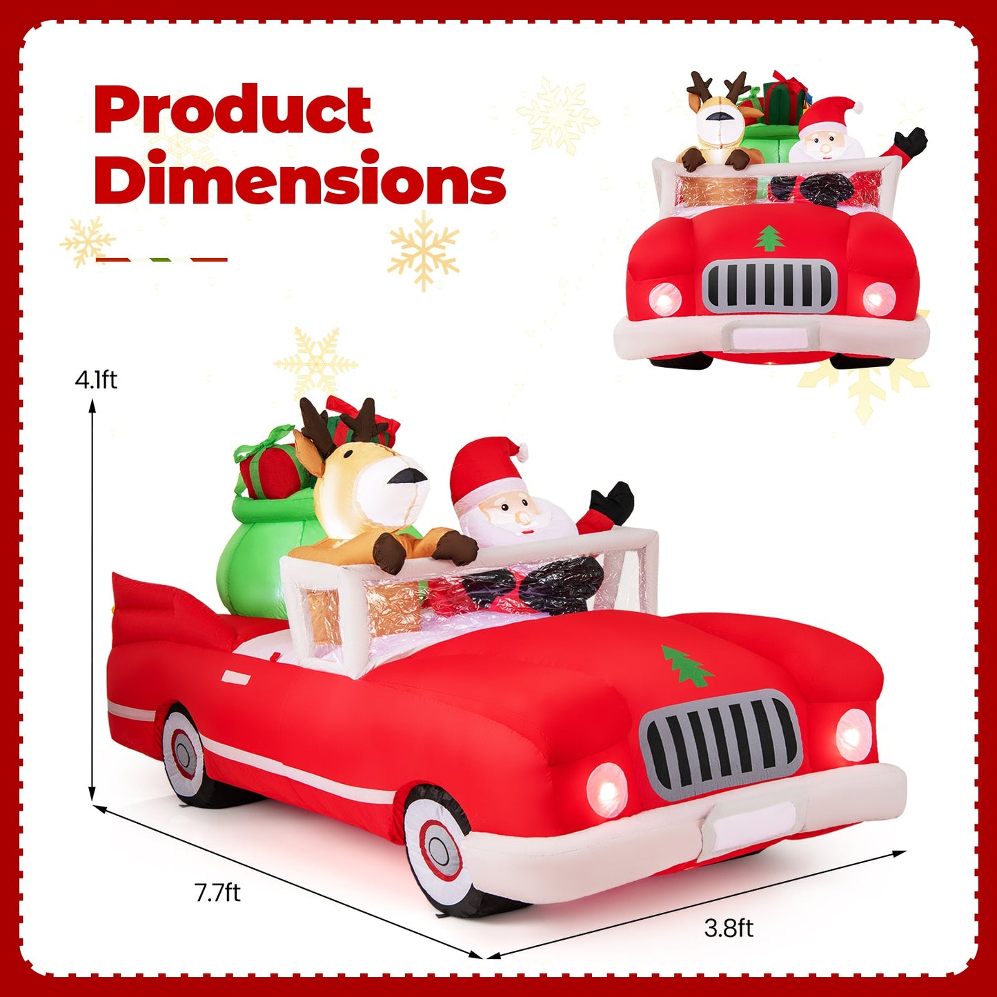7.7 Feet Long Christmas Inflatable Santa Claus and Reindeer Riding Red Car with Gift Bag and 9 LED White Lights