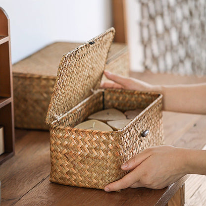 Rectangular Natural Straw Storage Basket with Lid