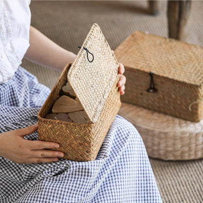 Rectangular Natural Straw Storage Basket with Lid
