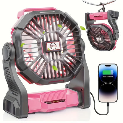 10400mAh 13hrs Rechargeable Automatic Oscillating Camping Fan with LED and Hook