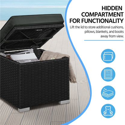 Costoffs 2PCS Rattan Storage Ottomans with Cushions – Outdoor Wicker Footstools & Side Tables for Patio, Garden & Balcony