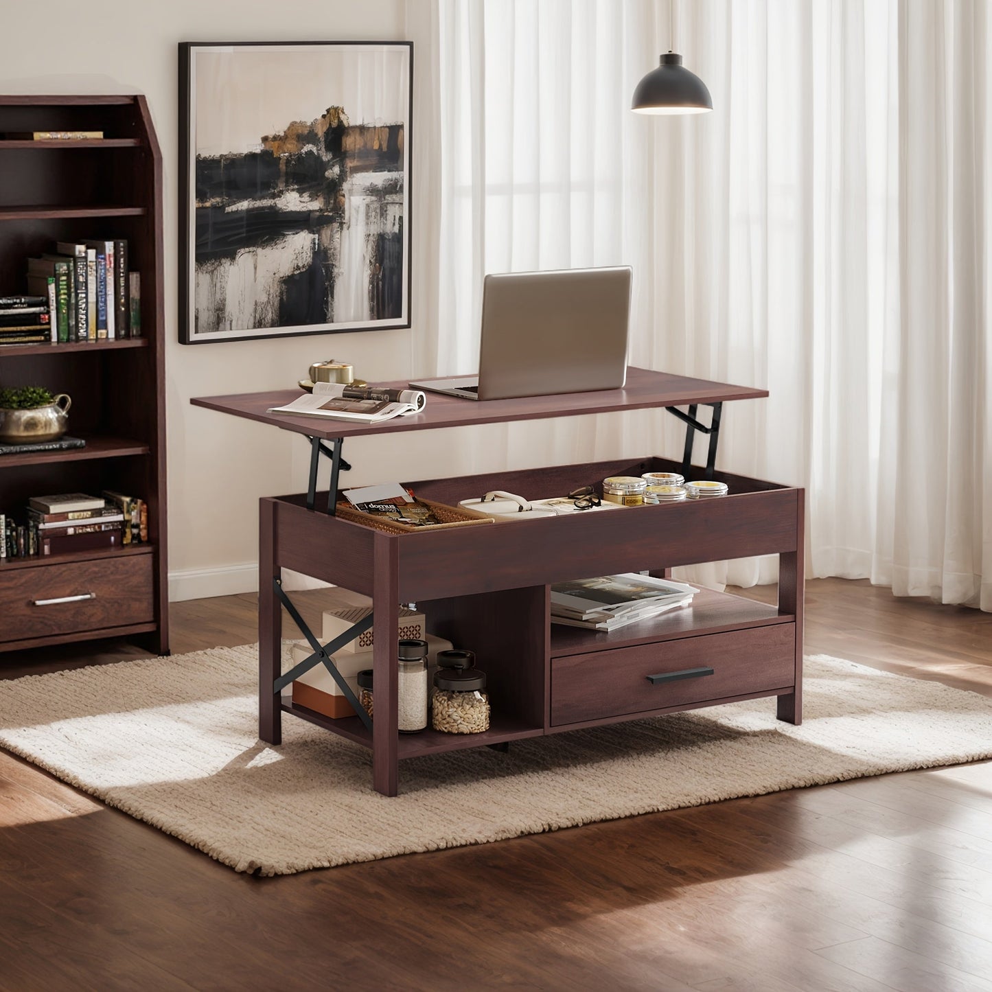Lift Top Coffee Table w/Hidden Storage Drawer Shelf Retro Wood Living Room Table