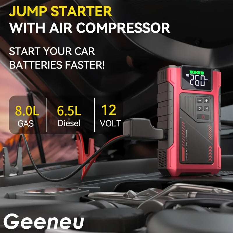 9-in-1 Portable Jump Starter with Air Compressor 12V Car Battery Booster USB LED