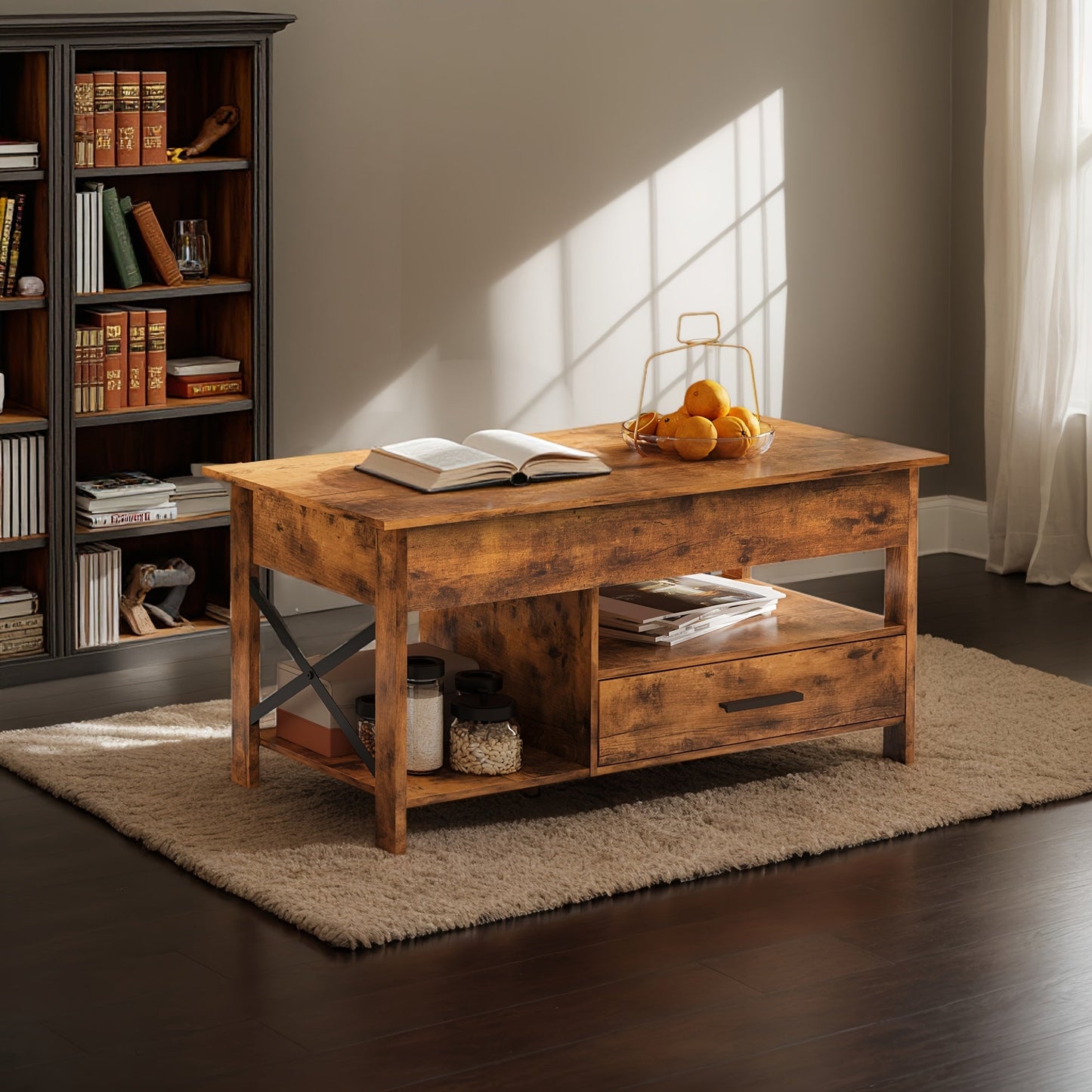 Lift Top Coffee Table w/Hidden Storage Drawer Shelf Retro Wood Living Room Table
