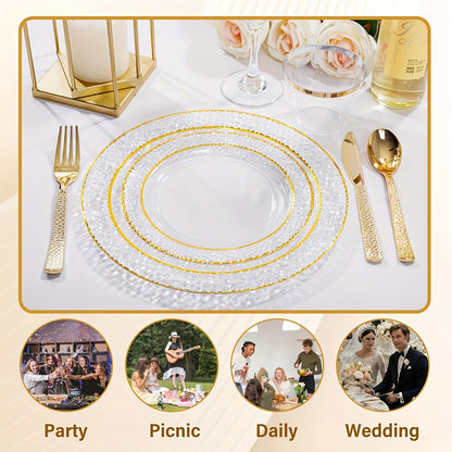 50PCS Clear Plastic Dinnerware Set Reusable Plates Cups Cutlery Wedding Party