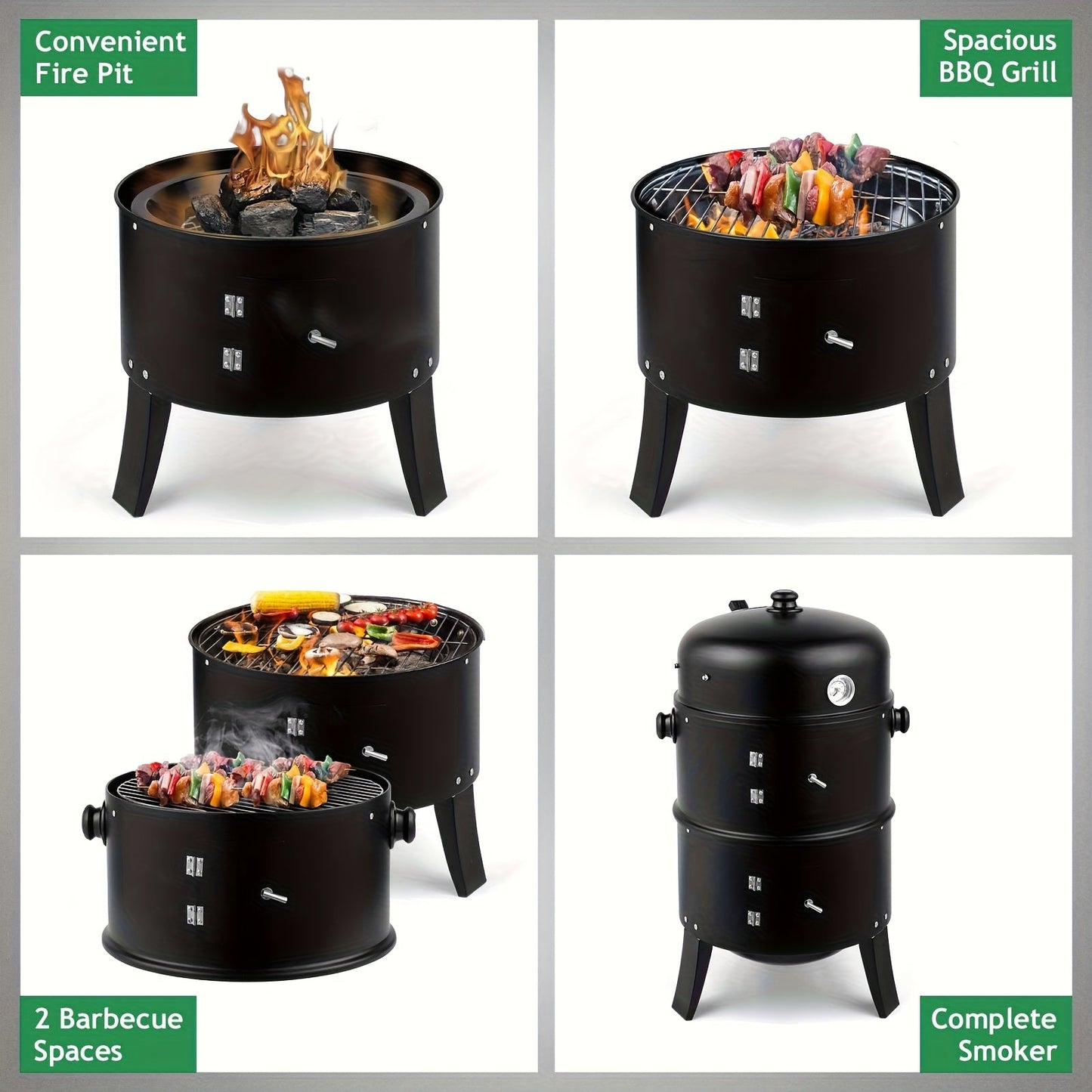 3-in-1 Charcoal Smoker Grill BBQ Fire Pit Portable Outdoor Camping Grill
