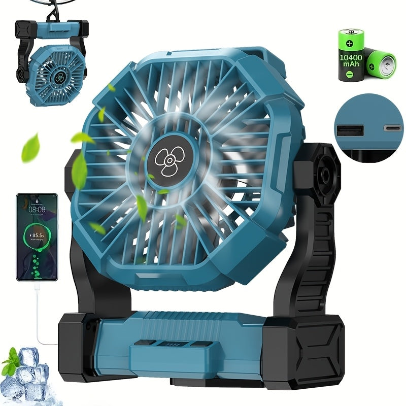 10400mAh 13hrs Rechargeable Automatic Oscillating Camping Fan with LED and Hook