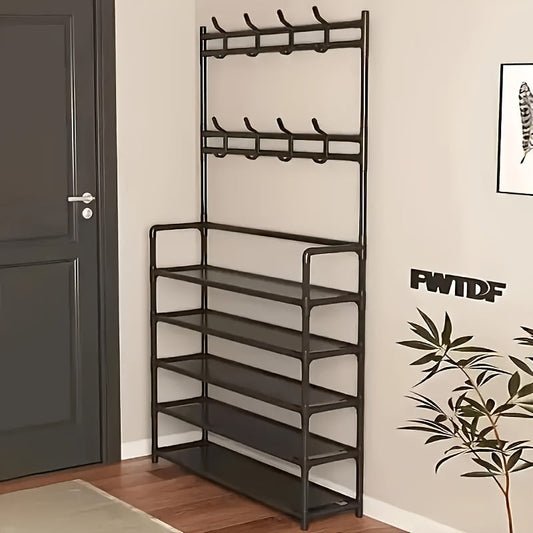 2 in 1 Shoe Rack with Coat Hooks Entryway Organizer 5 Tier Storage Shelf