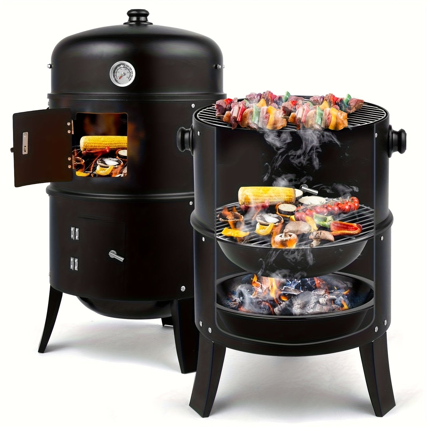 3-in-1 Charcoal Smoker Grill BBQ Fire Pit Portable Outdoor Camping Grill