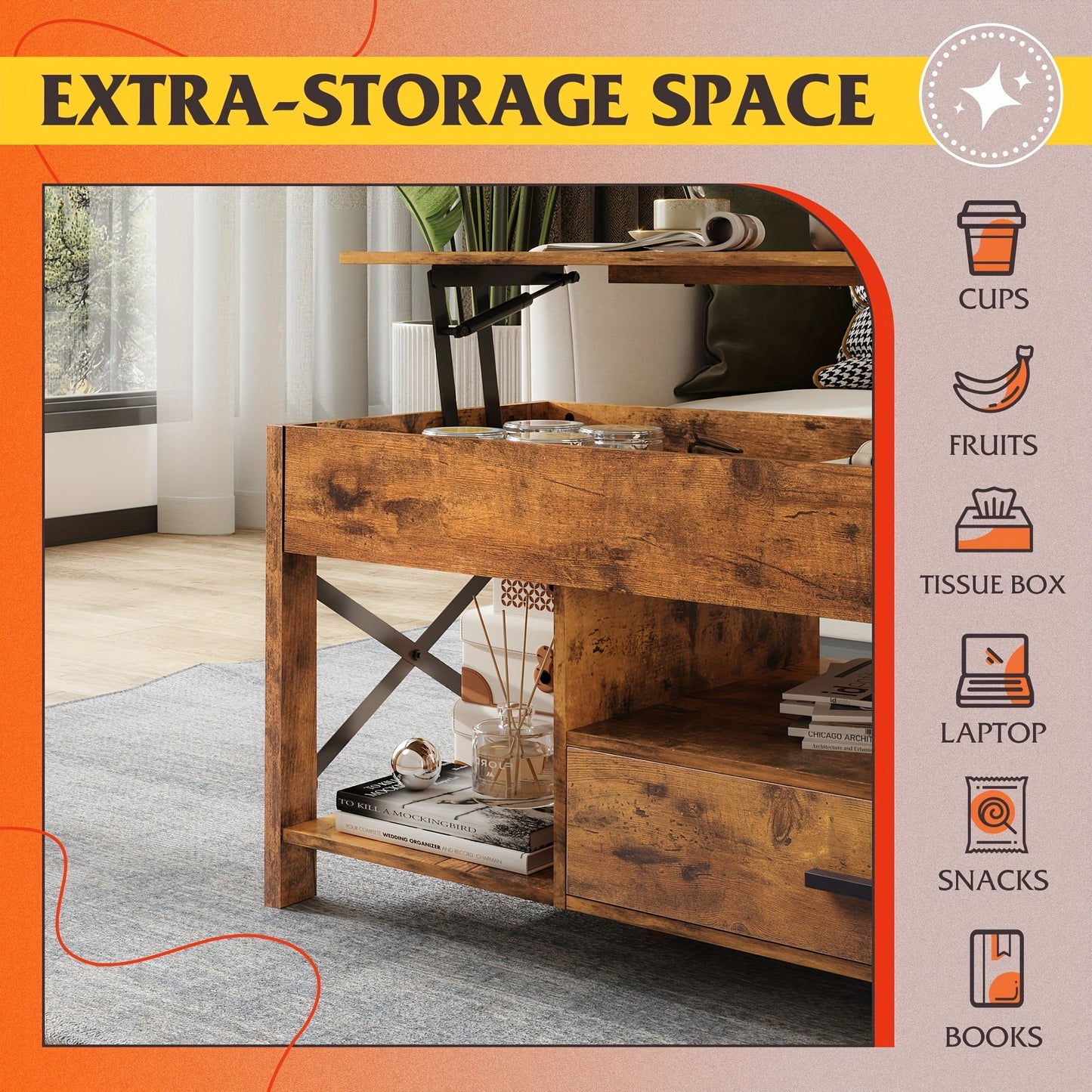 Lift Top Coffee Table w/Hidden Storage Drawer Shelf Retro Wood Living Room Table