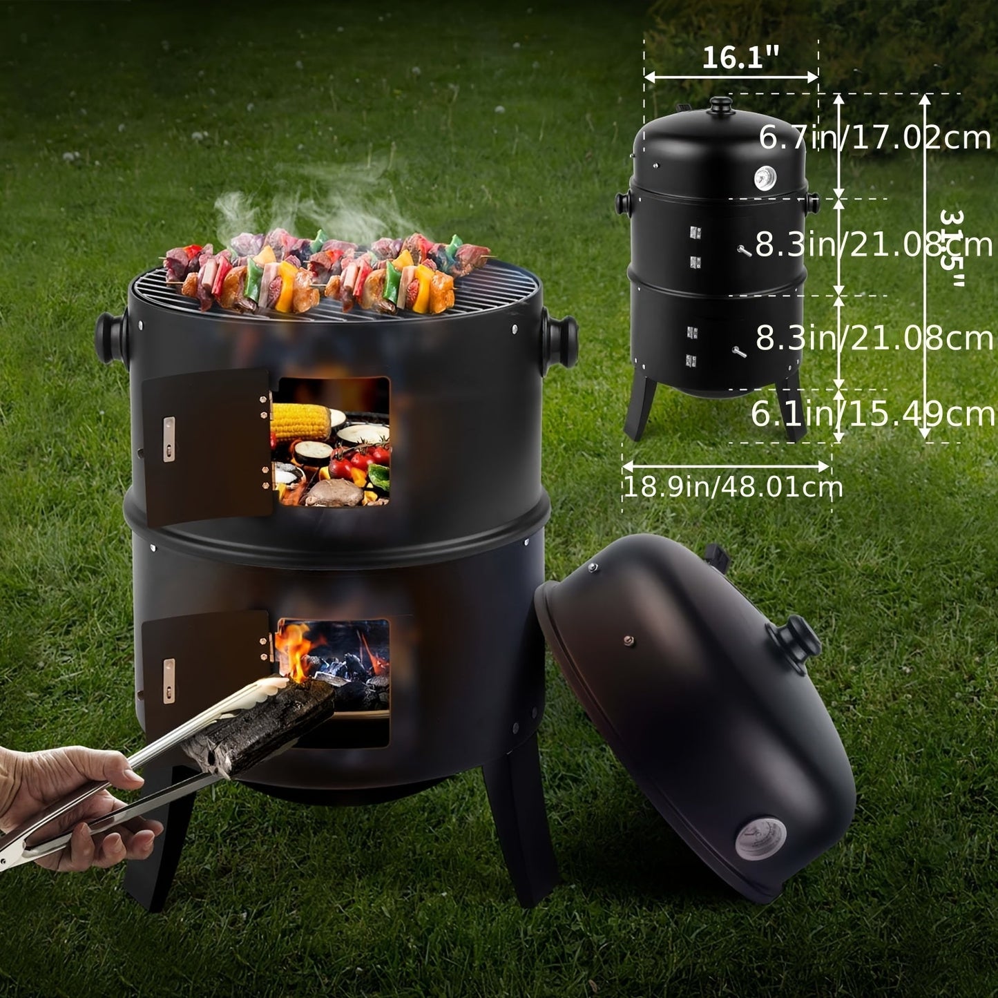 3-in-1 Charcoal Smoker Grill BBQ Fire Pit Portable Outdoor Camping Grill