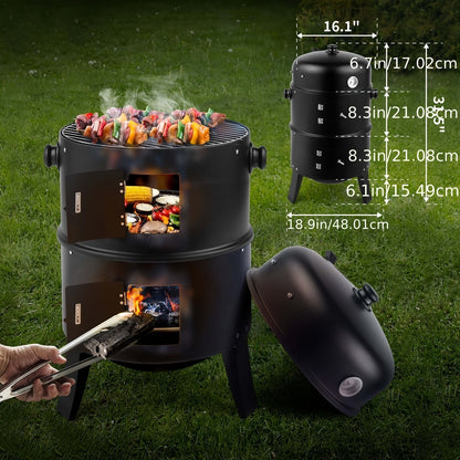 3-in-1 Charcoal Smoker Grill BBQ Fire Pit Portable Outdoor Camping Grill