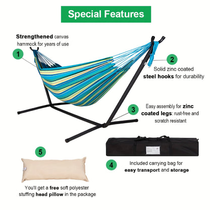 Heavy Duty Double Hammock with Steel Stand 450lbs Portable Outdoor Indoor Blue