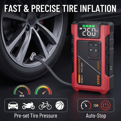 9-in-1 Portable Jump Starter with Air Compressor 12V Car Battery Booster USB LED