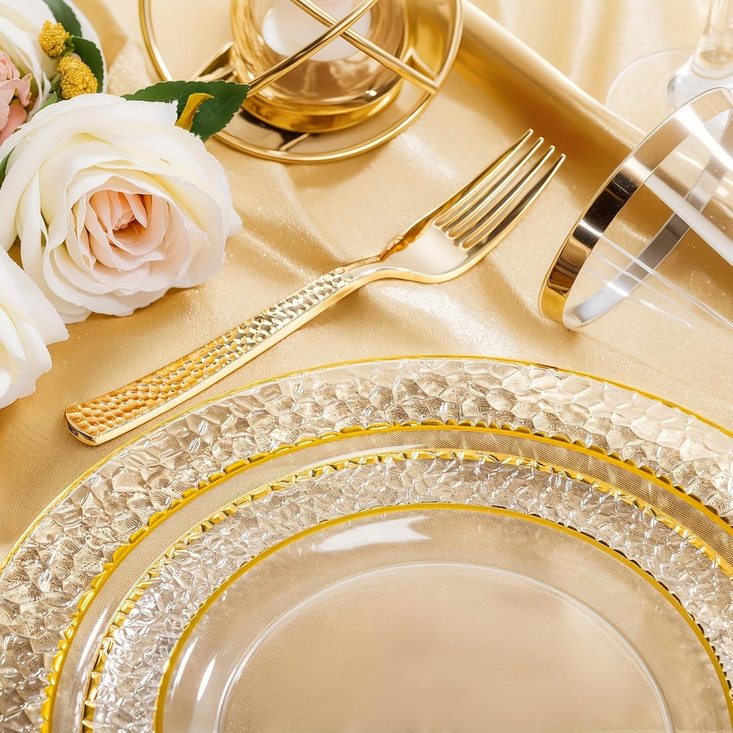 50PCS Clear Plastic Dinnerware Set Reusable Plates Cups Cutlery Wedding Party