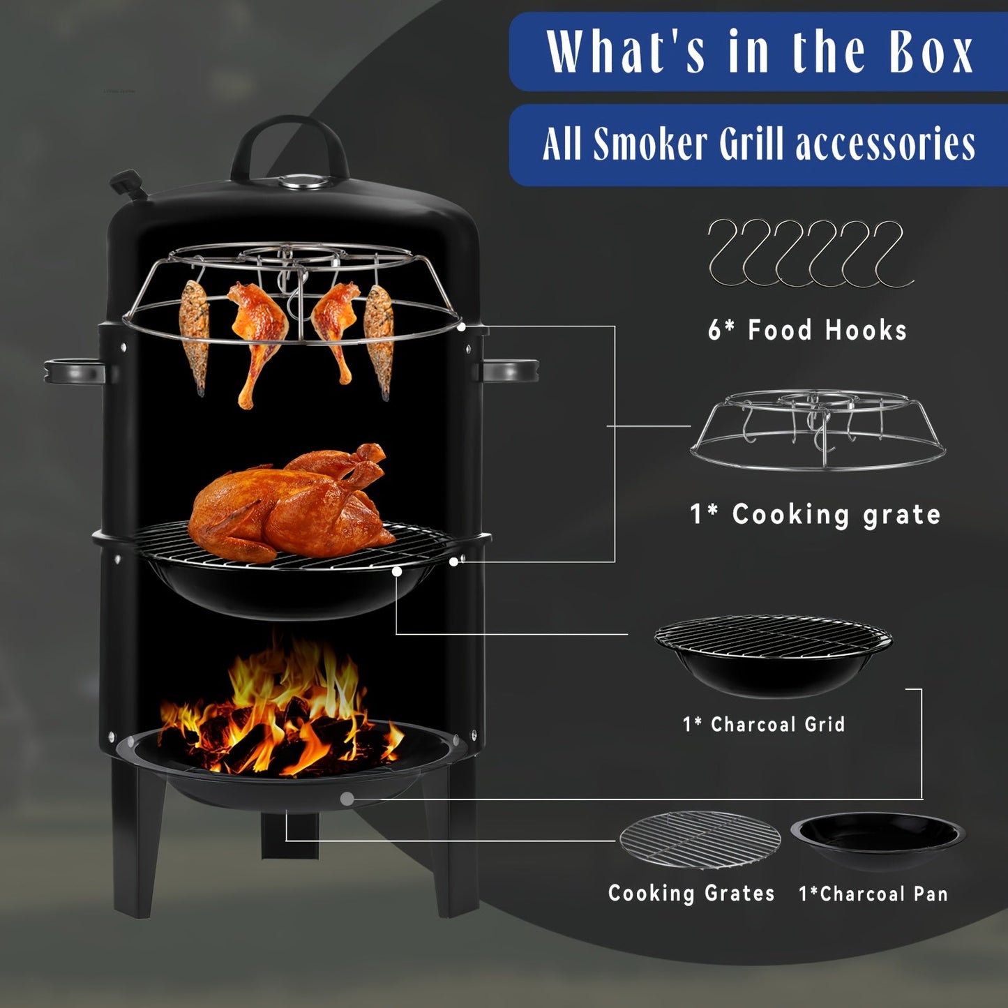3-in-1 Charcoal Smoker Grill BBQ Fire Pit Portable Outdoor Camping Grill