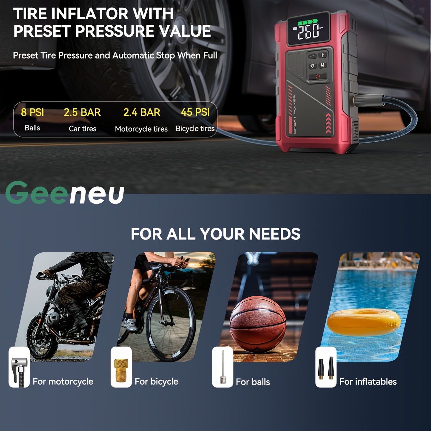 9-in-1 Portable Jump Starter with Air Compressor 12V Car Battery Booster USB LED