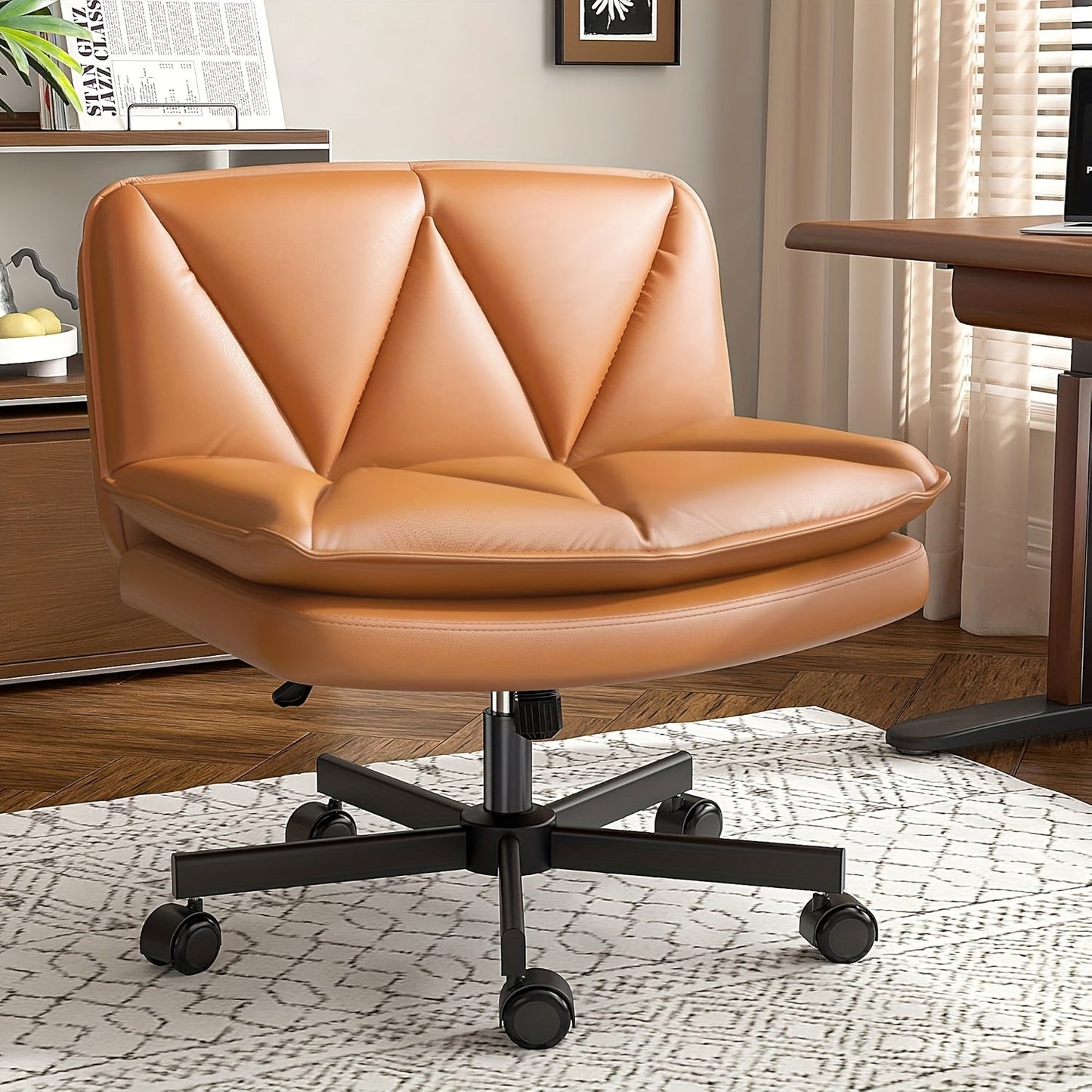 27" Wide Criss Cross Office Chair with Wheels – Adjustable Swivel Armless Vanity Desk Chair with Back Support