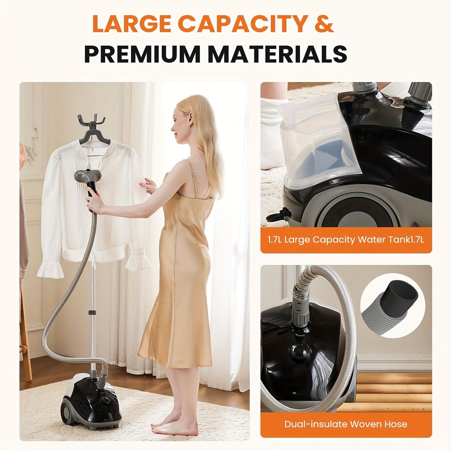 1500W Garment Steamer Standing Clothes Steamer 1.8L Tank 60Min Continuous Steam