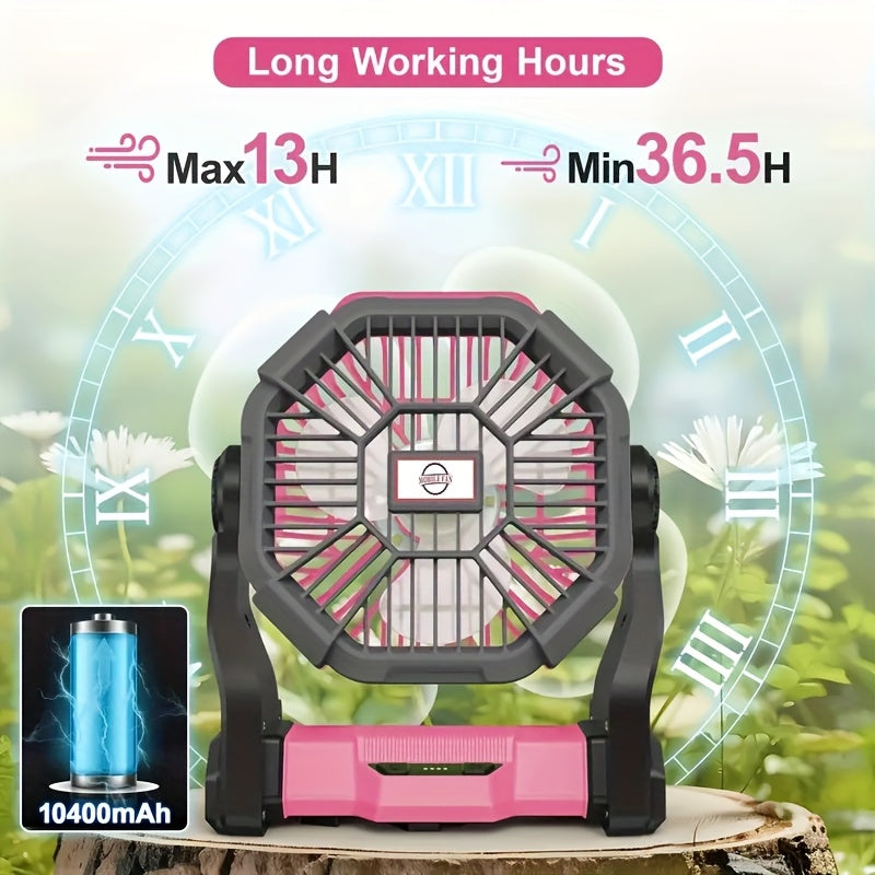 10400mAh 13hrs Rechargeable Automatic Oscillating Camping Fan with LED and Hook
