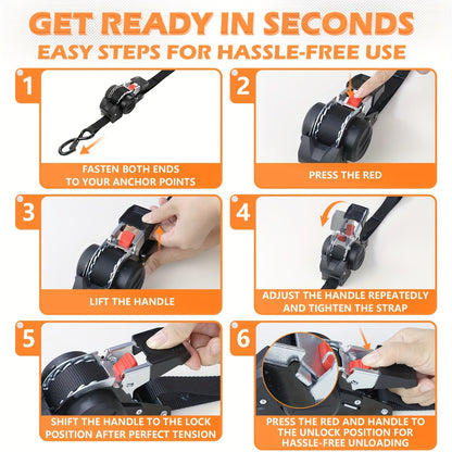 4PCS Retractable Ratchet Tie Down Straps – 10FT Heavy Duty Self-Retracting Cargo Straps for Truck, Trailer & Motorcycle