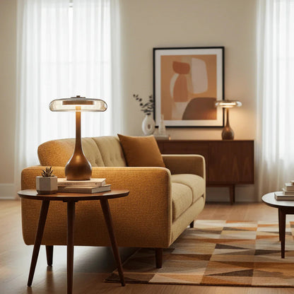 Mid-Century Wood & Glass Disc Table Lamp