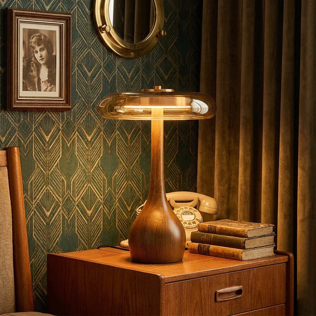 Mid-Century Wood & Glass Disc Table Lamp