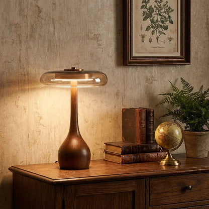 Mid-Century Wood & Glass Disc Table Lamp