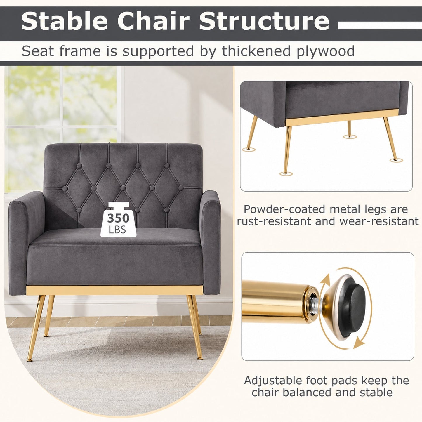 Modern Velvet Upholstered Accent Chair with Button-Tufted Back and Adjustable Feet