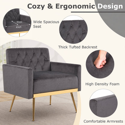 Modern Velvet Upholstered Accent Chair with Button-Tufted Back and Adjustable Feet