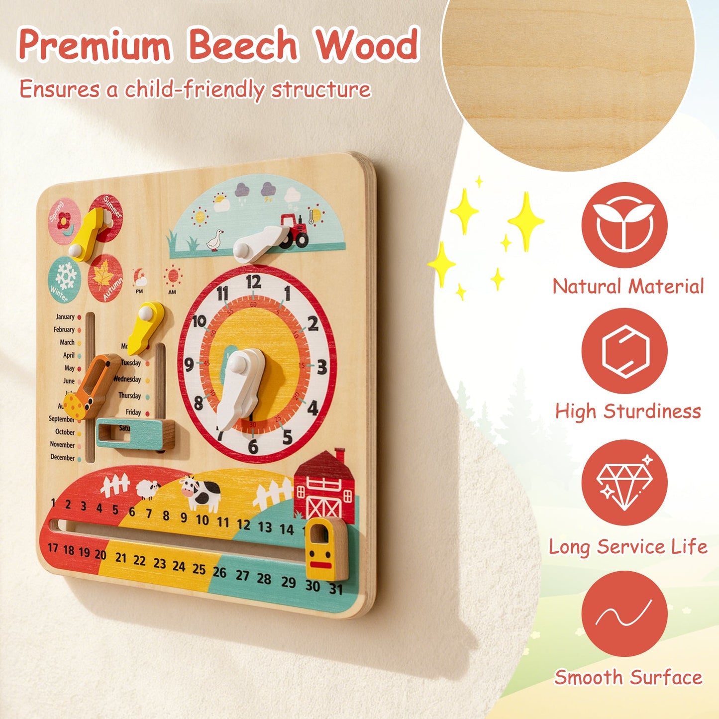 Montessori Wooden Toy for Toddlers Educational Learning Clock Toy About Season