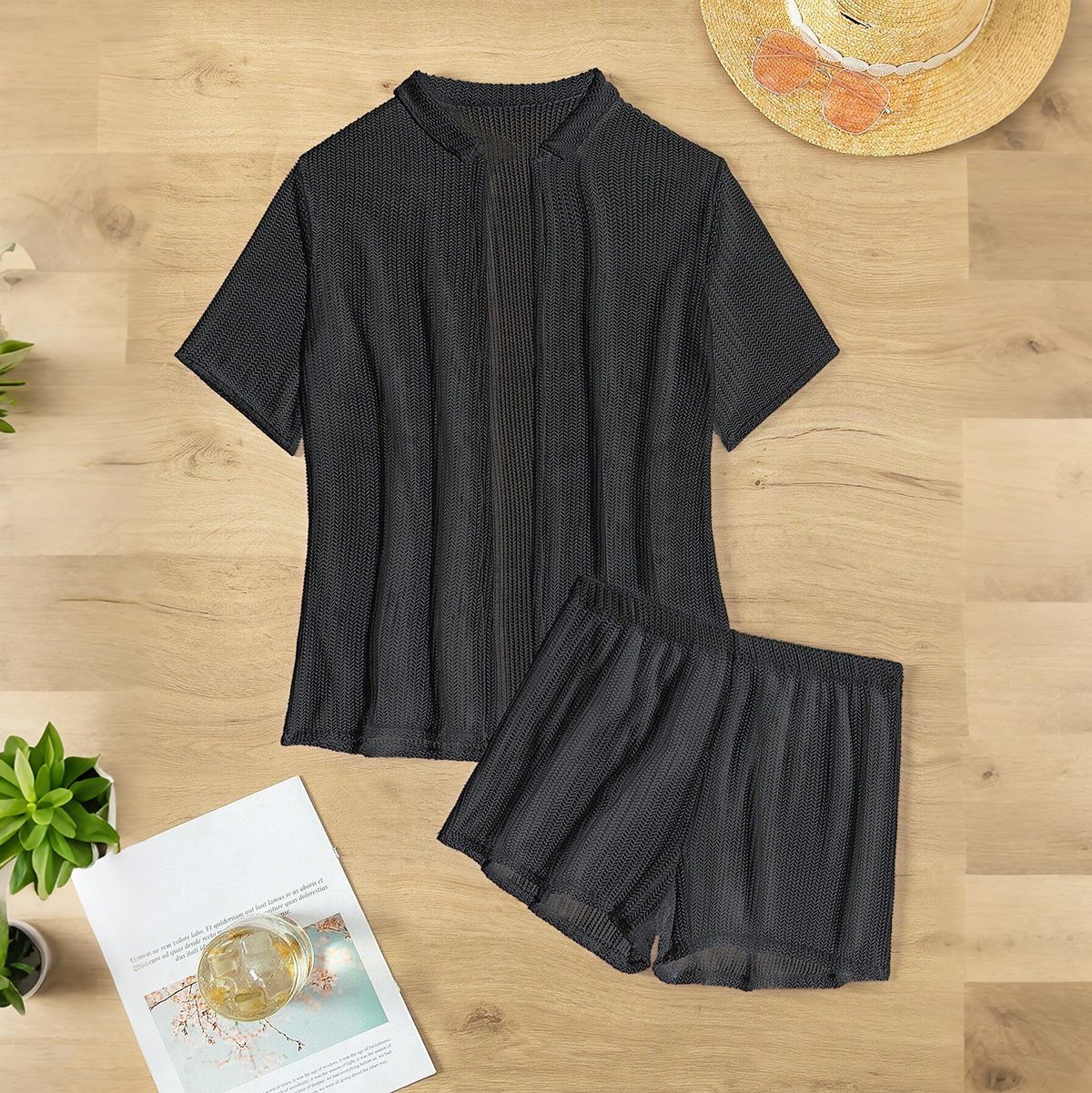 Women's Casual Solid Color Short Sleeve Mesh Boxer Swimwear Set