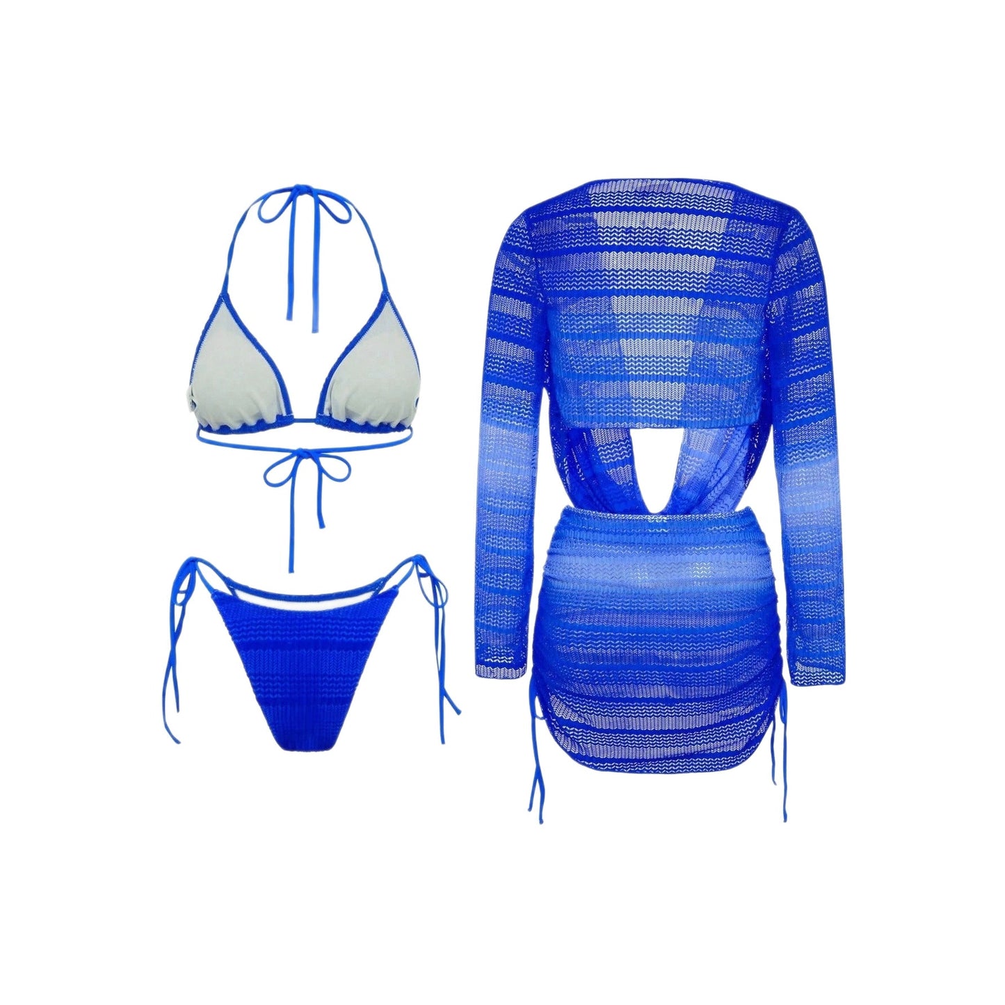 Women's Swimsuit Tie-Dye Print Mesh Long Sleeve Beach Dress Sexy Bikini Four-Piece Set