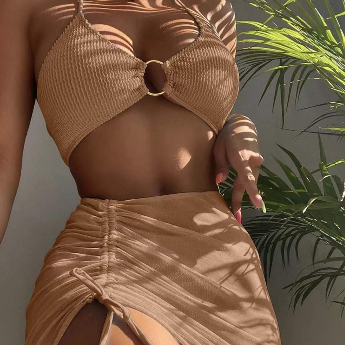 Women's Two-Piece Swimsuit Slim Solid Color Sexy Bikini Halter Three-Piece Set