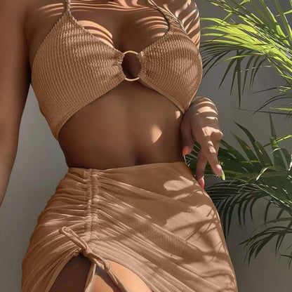 Women's Two-Piece Swimsuit Slim Solid Color Sexy Bikini Halter Three-Piece Set