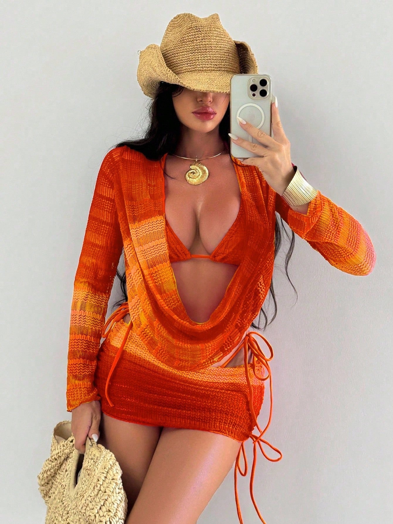 Women's Swimsuit Tie-Dye Print Mesh Long Sleeve Beach Dress Sexy Bikini Four-Piece Set