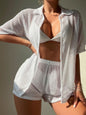 Women's Casual Solid Color Short Sleeve Mesh Boxer Swimwear Set