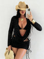 Women's Swimsuit Tie-Dye Print Mesh Long Sleeve Beach Dress Sexy Bikini Four-Piece Set