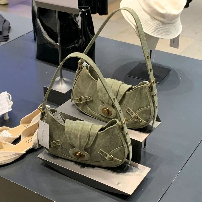 Vintage Army Green Splicing Armpit Bag – Stylish Small Shoulder Purse, Versatile Spring Spice Girl Bag & Handbag  hobo