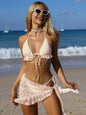 Sexy Backless Lace Swimsuit Women's Strappy Solid Color Three Piece Bikini