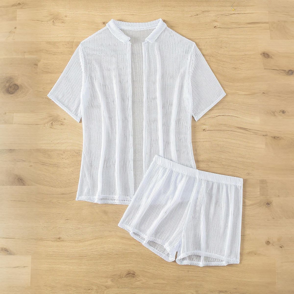 Women's Casual Solid Color Short Sleeve Mesh Boxer Swimwear Set