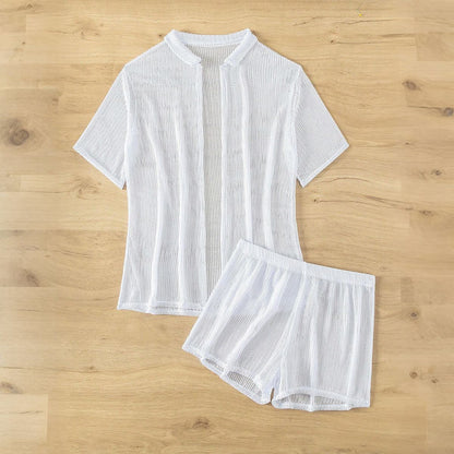 Women's Casual Solid Color Short Sleeve Mesh Boxer Swimwear Set
