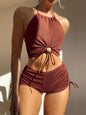 Solid Color Sling Two-Piece Swimsuit Women's Square Leg Sports Beach Bikini Swimwear